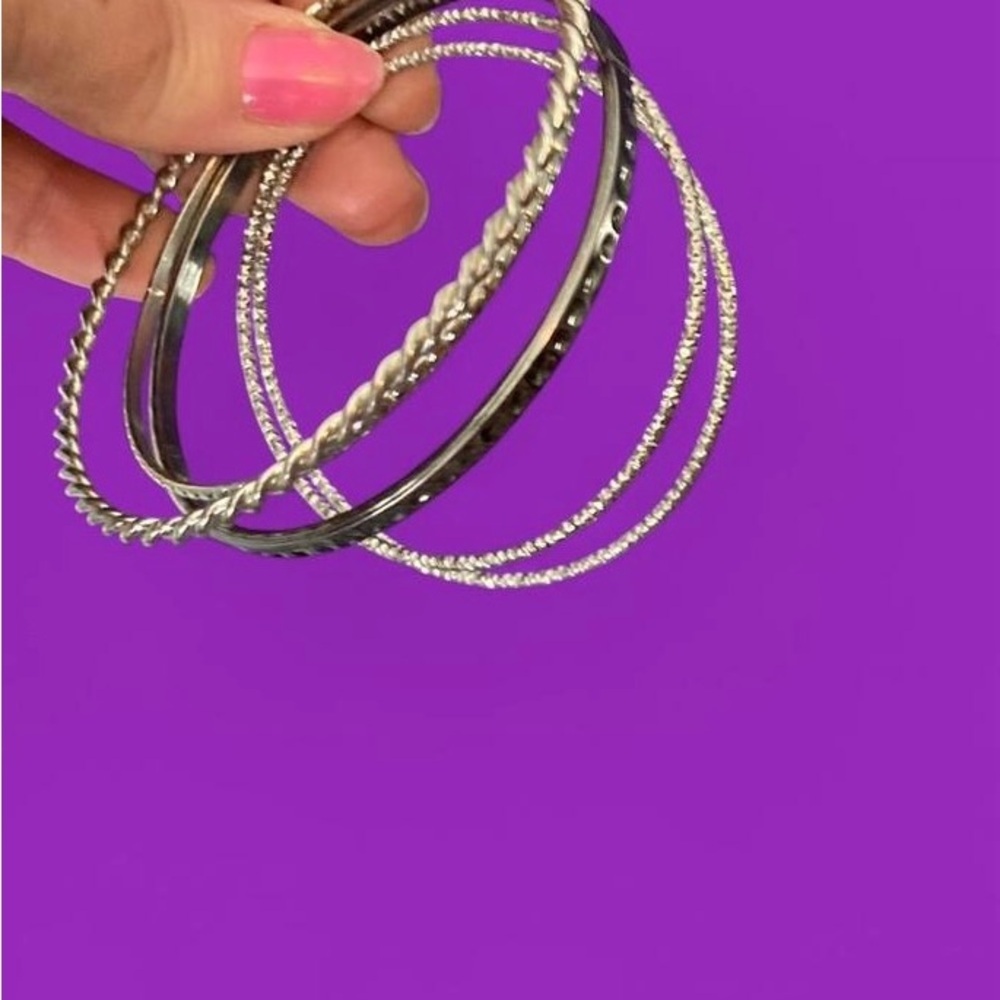 Silver tone and black plated bangle bracelet set of 5, mixed styles